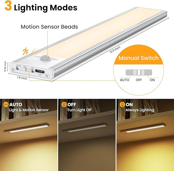 Under Cabinet Lights, 2 Pack Wireless Motion Sensor Light Indoor, Rechargeable Under Cabinet Lighting, Stick-On Magnetic Closet Lights, Under Counter Lights for Kitchen Hallway Stai - Image 6