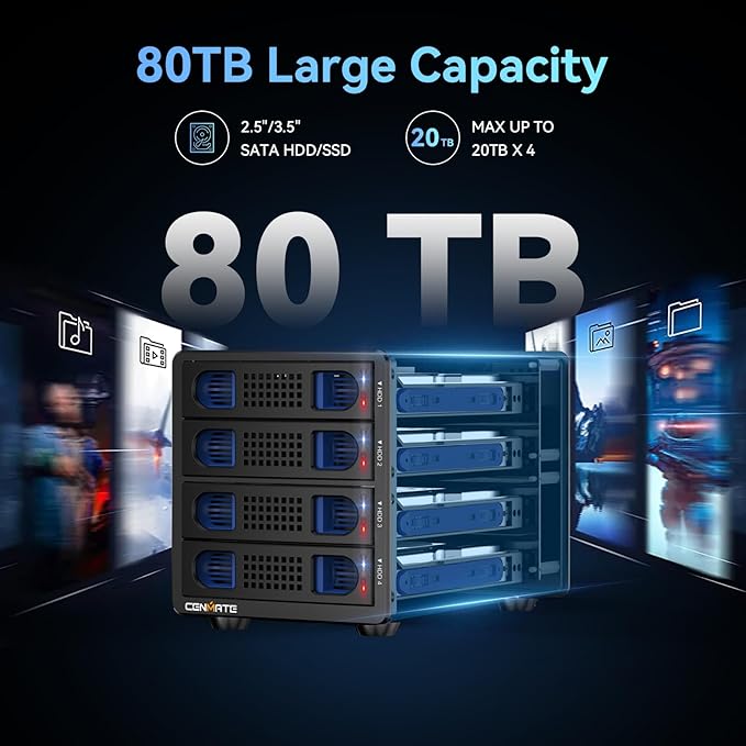 Aluminum 4 Bay 10Gbps Hard Drive Enclosure with Cooling Fan for 2.5“/3.5" SATA HDD/SSD with USB A/C 3.2 Gen 2, Support Hot Swappable, Tool-Free HDD Enclosure, DAS(NO RAID/NAS) - Image 6