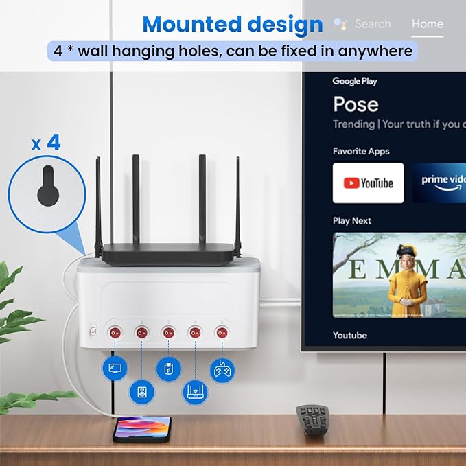 Power Strip with Cable Order Box, Large Cable Management Box Socket Strip 5 Way Socket, Hides Extension Blocks, Desk Cable Management, Stylish TV Cable, Multi Plug 1.5M Cable, White - Image 4