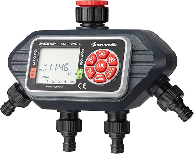 DEWENWILS Irrigation Computer 4 Outputs, Irrigation Control with 16 Individual Programmes, Manual Modes, Rain Delay Function, 3/4 Inch Connection, Watering Timer for Garden, Lawn