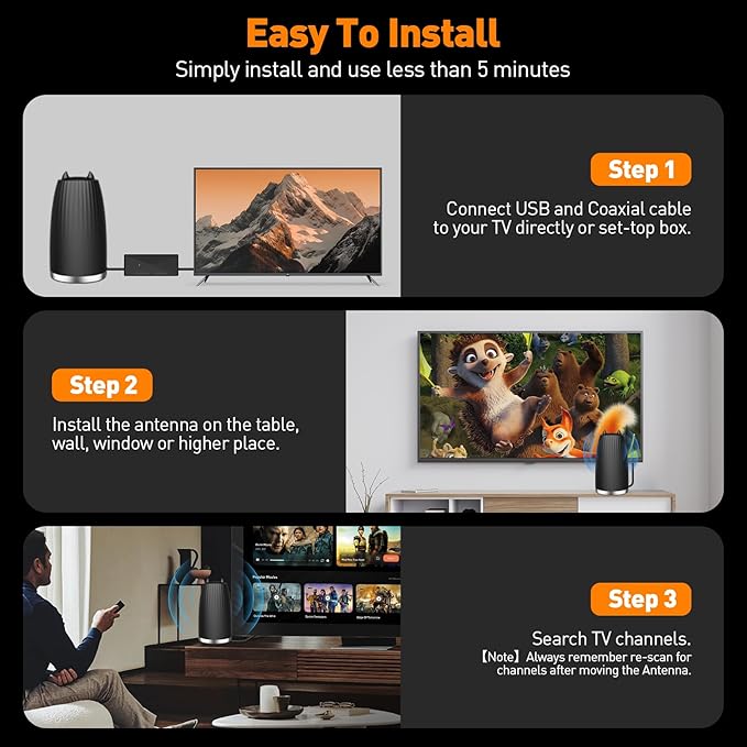 2025 TV Aerial - Indoor Smart TV Antenna with Signal Booster, 600+ Miles Range Reception, HD Antenna for Local Channels, Supports 4K 1080P, with 18ft Coaxial Cable - Image 3