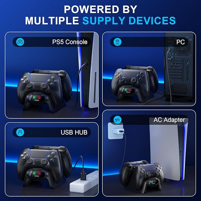 Fachixy Controller Charger for PS5, with 2-Hour Fast Charging chip, PlayStation 5 Charging Station with US Power Adapter and Cable, with LED Charging Status Indicator Light, Black - Image 5