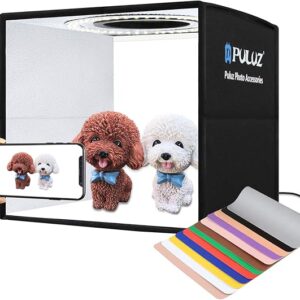 PULUZ 9.8"/25cm Foldable Portable Photo Studio Light Box, Adjustable Brightness Light Box Photography Lighting Shooting Tent Kit, with LED Lights and 12 Colors Backdrop