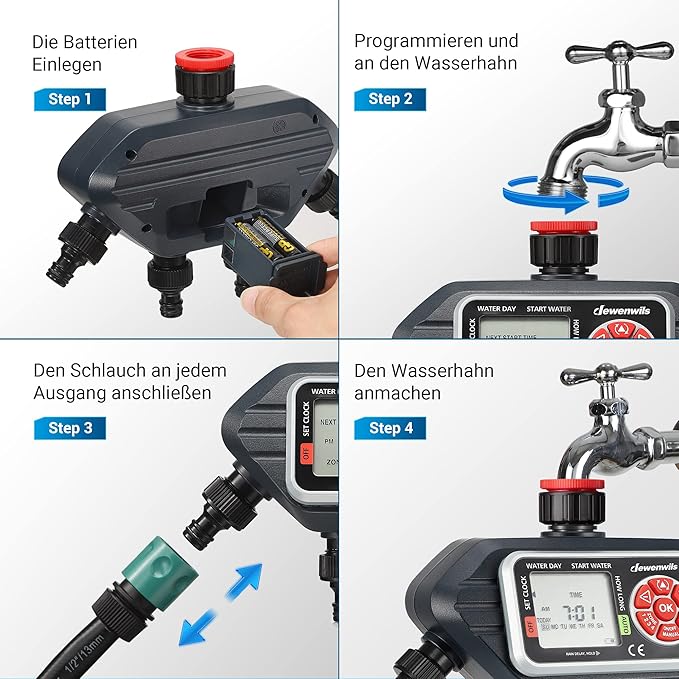 DEWENWILS Irrigation Computer 4 Outputs, Irrigation Control with 16 Individual Programmes, Manual Modes, Rain Delay Function, 3/4 Inch Connection, Watering Timer for Garden, Lawn - Image 3