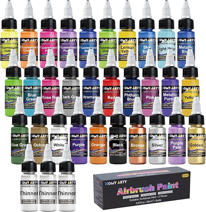 Airbrush Paint - 43 Colors with 5 Thinner, Ready to Spray Airbrush Paint Set, Water-Based Acrylic Air Brush Paints for Metal, Plastic Models, Canvas, Wood - 48 Bottles