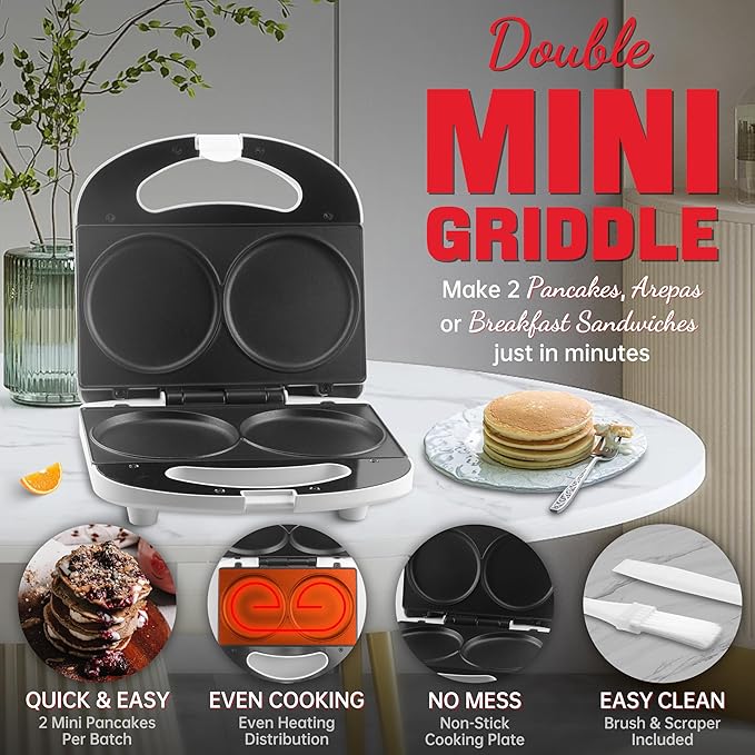 Double Mini Pancake Maker Machine, Arepa Maker, 2 x 4-Inch Electric Pancakes Maker Griddle, Ideal for Pancakes, Cookies, Eggs, Arepas & Breakfast Sandwiches, 230V, UK Plug, White - Image 5