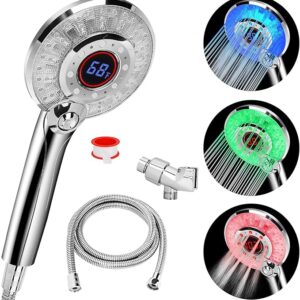 /LED Shower Head Color Changing, Handheld Shower Head High Pressure with Hose, Water Saving Spray Showerheads, Discoloration Warning, Water Temperature Display, 3 Spray Modes, Easy to Install, Chrome