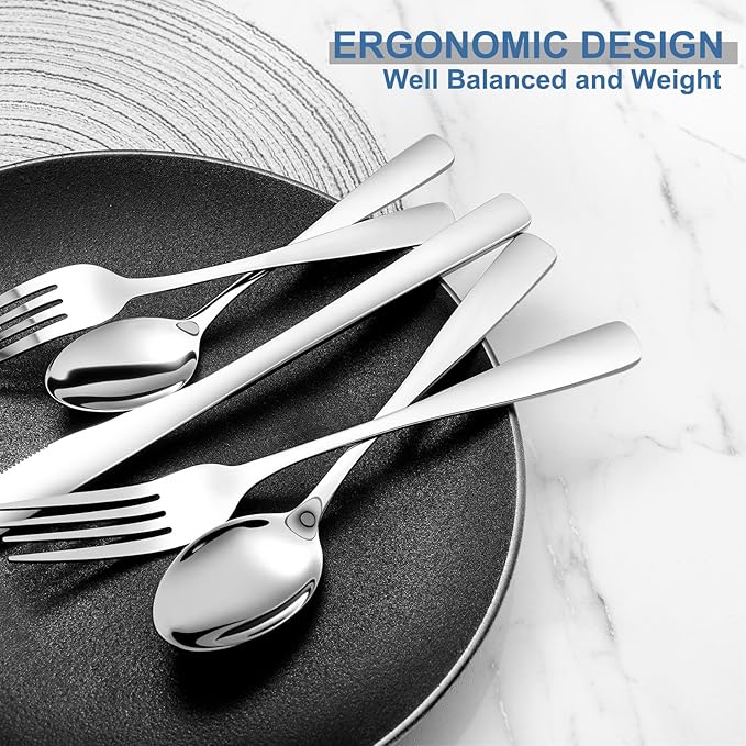 BEWOS Silverware Set - Stainless Steel Silverware Sets for 4 Include Spoon, Forks, Knives, Mirror Polished Flatware Set for Home, Kitchen, Restaurant, Dishwasher Safe - Image 3