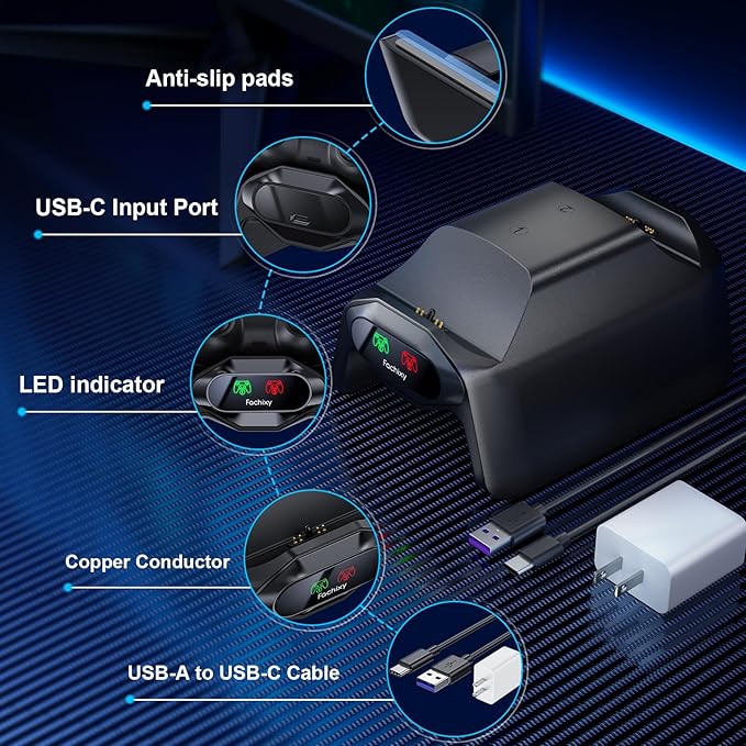 Fachixy Controller Charger for PS5, with 2-Hour Fast Charging chip, PlayStation 5 Charging Station with US Power Adapter and Cable, with LED Charging Status Indicator Light, Black - Image 6