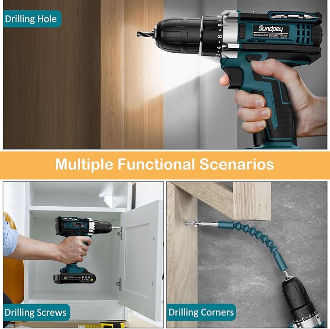 Sundpey Cordless Drill Set 21V - Power Drill Driver - Electric Screwdriver with 2 Batteries 2.0Ah & LED Light & Spirit Level & 18+1 Torque (Max 45N.m) & 2 Speed for Home DIY Project Blue - Image 4