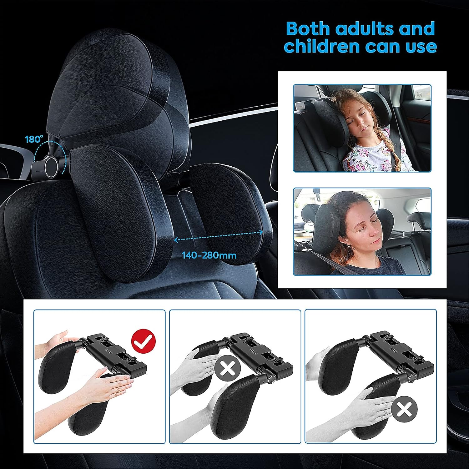 Car Headrest, Soft Memory Foam, Retractable Removable Neck Support, Car Seat, Side Headrest Pillow for Children, Adults, for Sleeping (Black, A05 PVC) - Image 6