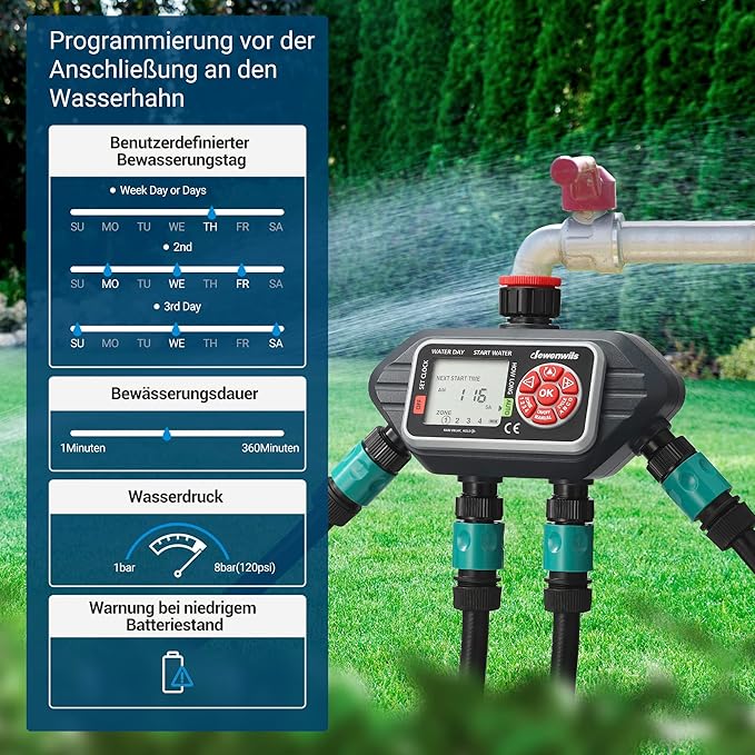 DEWENWILS Irrigation Computer 4 Outputs, Irrigation Control with 16 Individual Programmes, Manual Modes, Rain Delay Function, 3/4 Inch Connection, Watering Timer for Garden, Lawn - Image 8