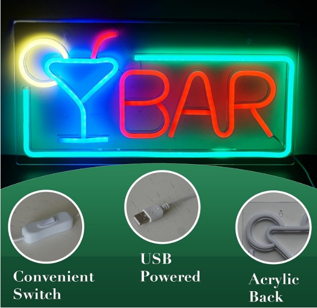 Neon Bar Cocktail Signs, Premium Acrylic Bar Neon Signs for Wall Decor, Bright LED Bar Sign, USB Powered Bar Neon Lights with Switch, Bar Signs for Home Bar, Bistro, Party, Club, Door (White) - Image 5