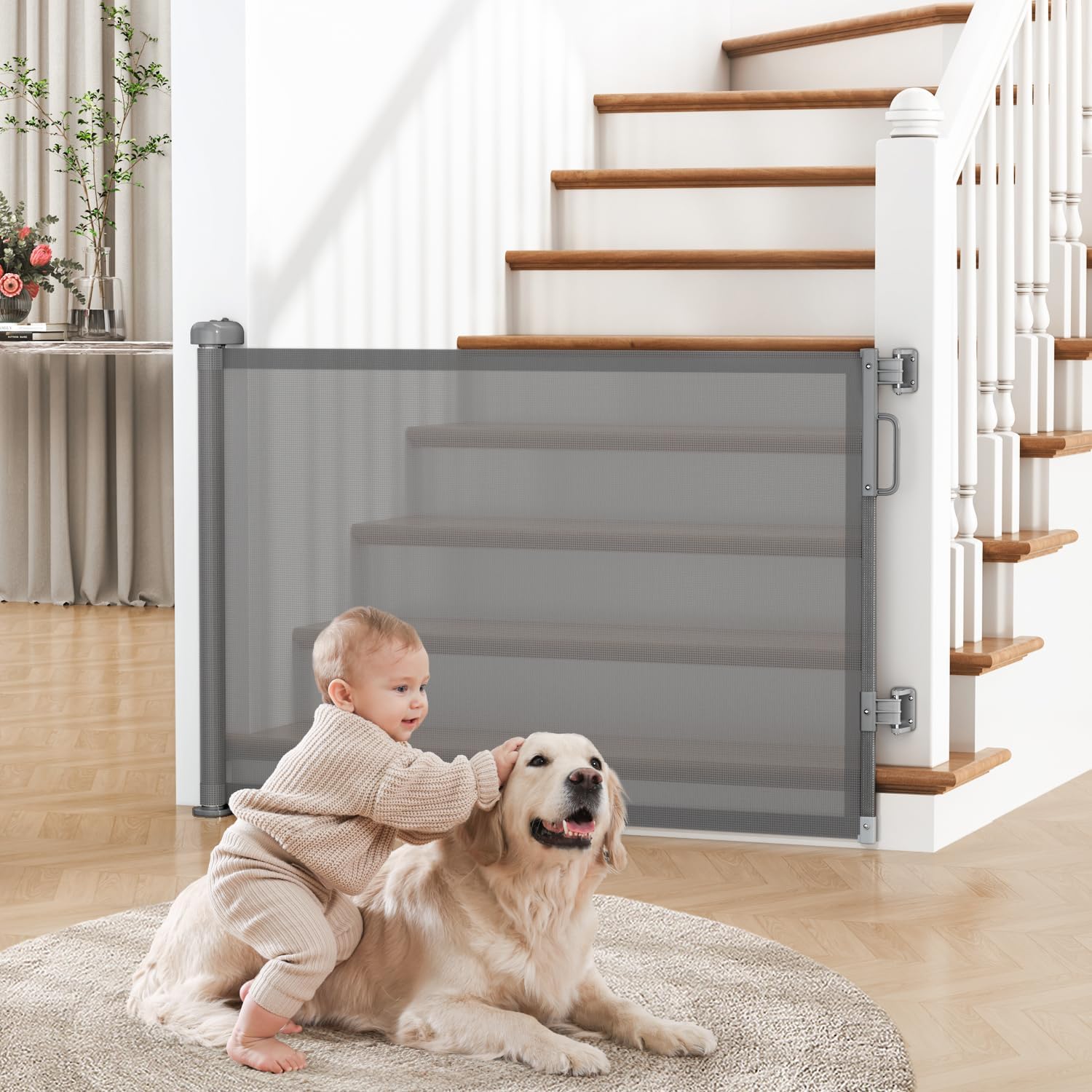 Retractable Baby Gate for Stairs, 55" Wide Mesh Dog Gate Indoor, 34" Tall Child Gate for Doorways, Hallways, Deck, Indoor Outdoor Pet Baby Safety Essentials for Home, Grey