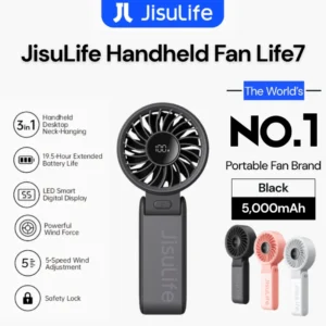 JISULIFE HANDHELD FAN LIFE7 (5000MAH) JISULIFE 3 IN 1 Hand Fan with Power Bank, Flashlight & 2024 3-IN-1 Handheld Fan Life7 with Powerful Wind and Foldable Design
